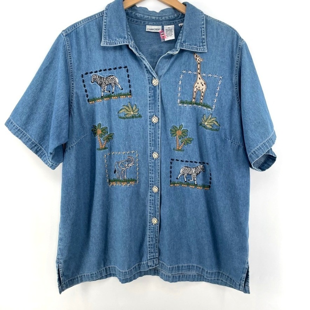 Vtg Cabin Creek Women Plus 2X Denim Shirt Safari Animal Embroidered Short Sleeve